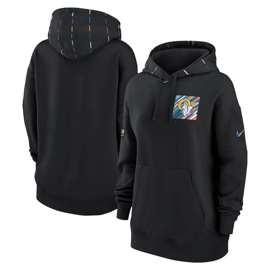Women's Los Angeles Rams Black 2023 Crucial Catch Club Pullover Hoodie(Run Small)